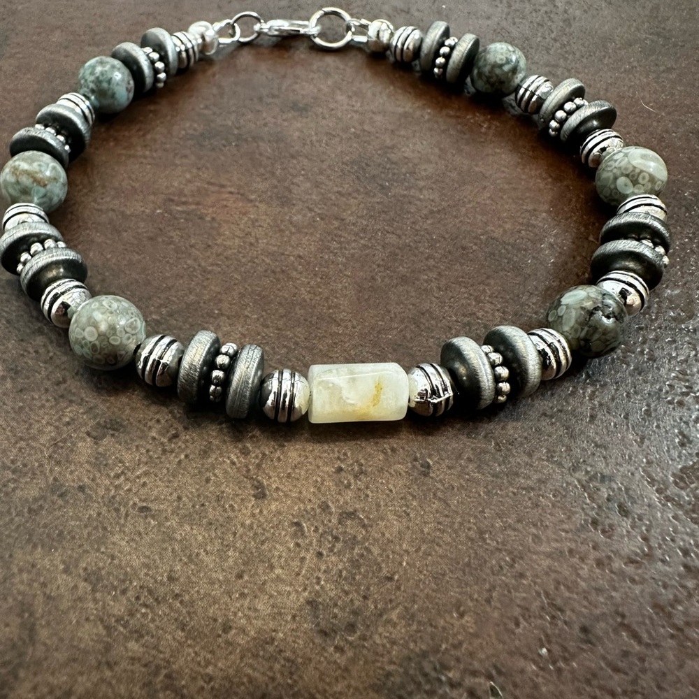 Chic Silver and Green Ocean Jasper Beaded Bracelet